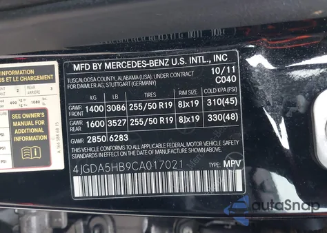 2012 Mercedes-Benz Ml 350 4Matic из США, поврежденный, VIN 4JGDA5HB9CA017021